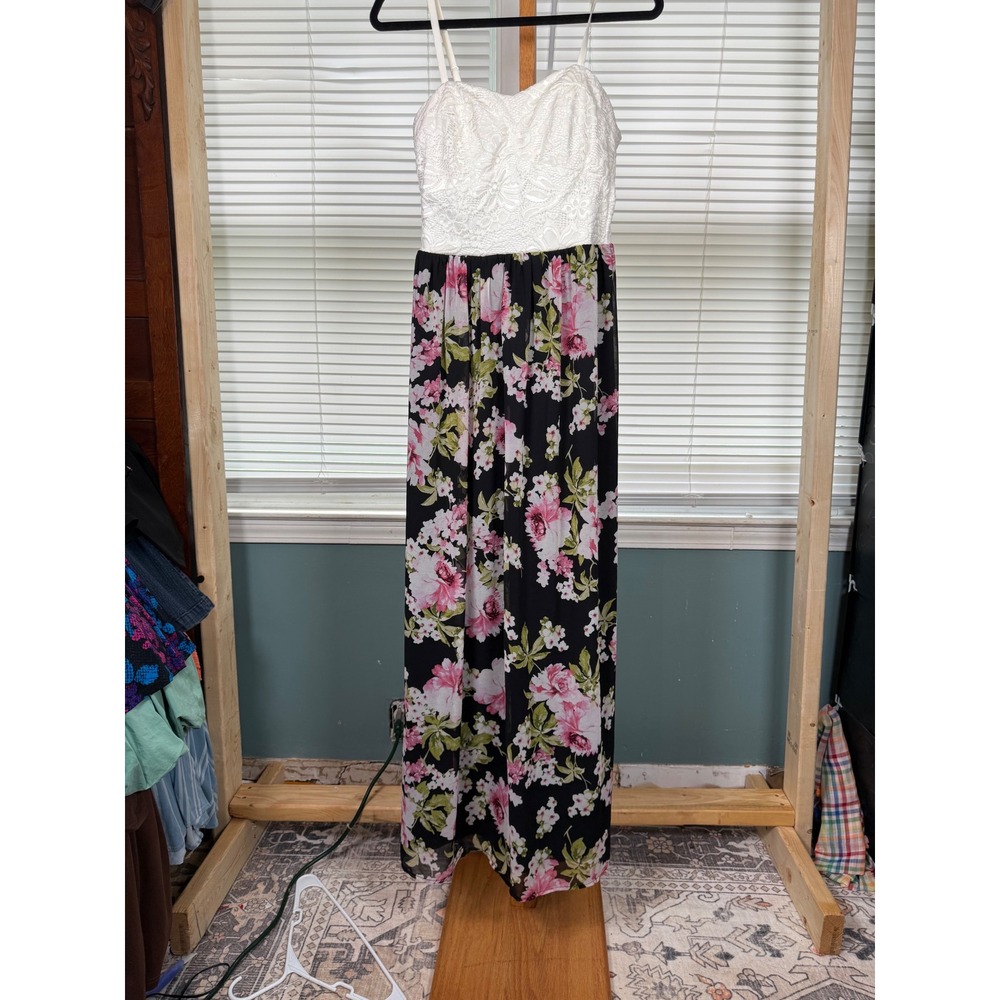 Lily Rose Womens Floral Maxi Dress White Lace Bodice Black Pink Chiffon Small